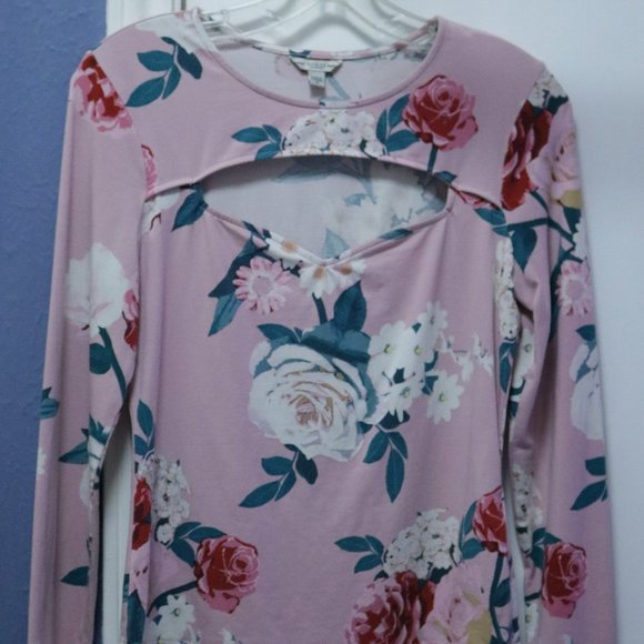 Guess Pink Floral Bodycon long sleeve Top cute keyhole - Picture 1 of 5